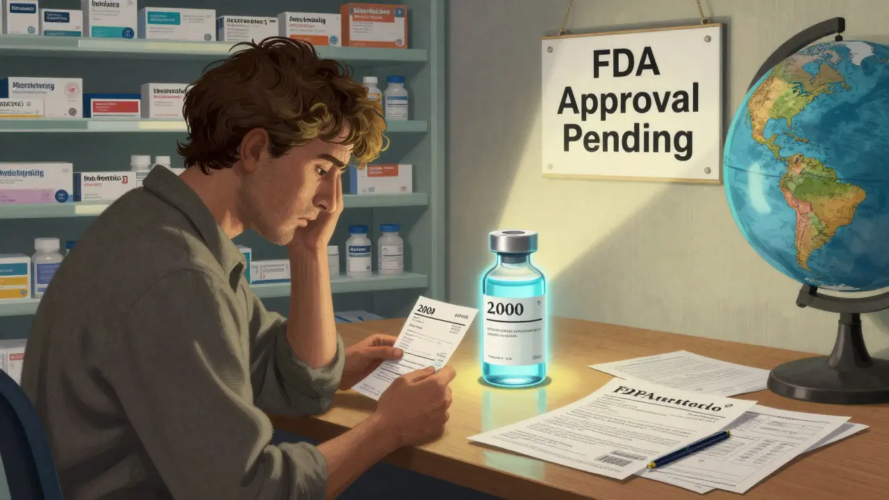 A patient holding a costly prescription while a glowing biosimilar vial offers hope beside a shelf of expensive drugs.