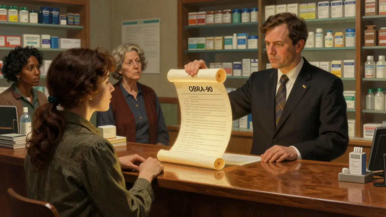 A patient presenting OBRA-90 to a pharmacy manager as counseling notes rise like a sacred scroll in a dramatic interior scene.