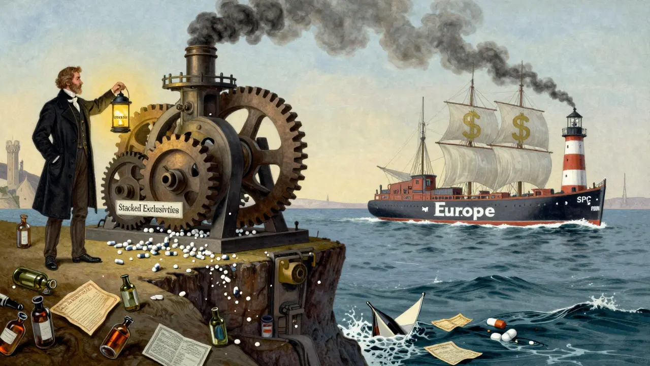 A scientist holds innovation lantern as a machine crushes generics, with Europe's simpler system in distance.