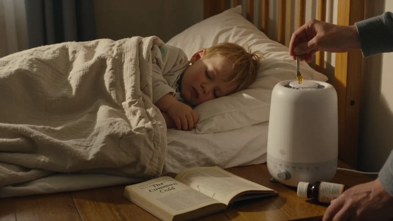 A toddler sleeps peacefully as a parent gives honey, with a humidifier and discarded medicine bottle in the soft morning light.