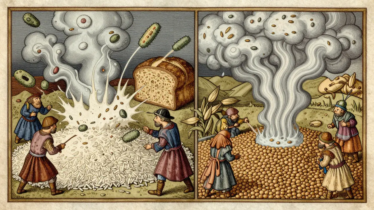 An illustrated colon with tiny villagers fermenting carbs, contrasting refined foods with whole grains.