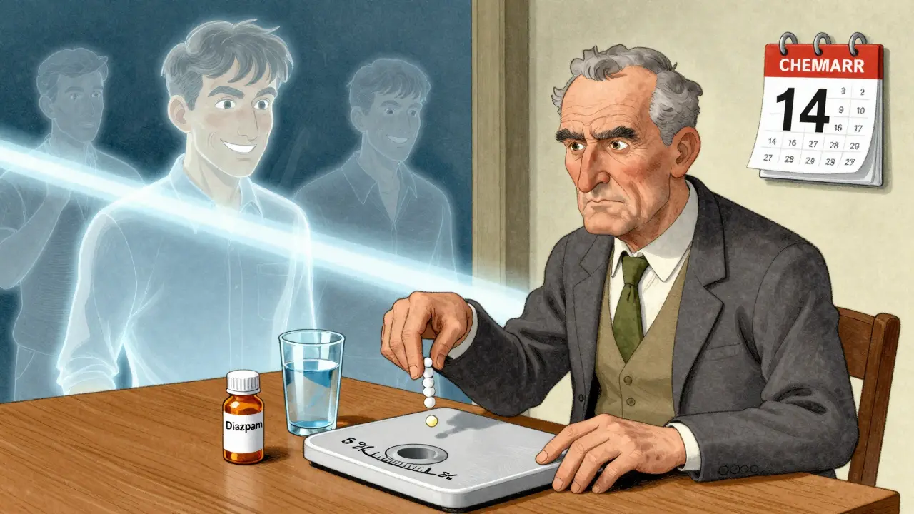 An older man tapering off benzodiazepines with a scale, translucent images of his healthier past self emerging behind him.