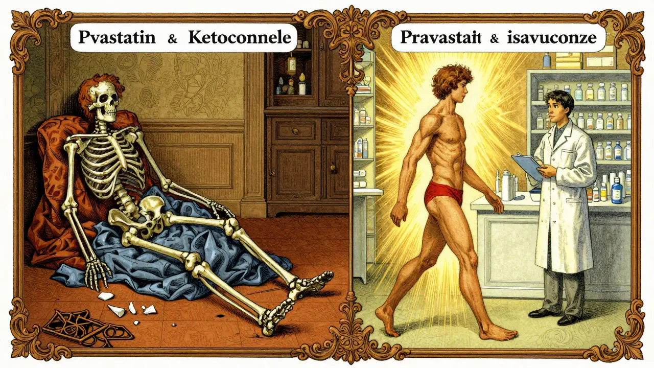 Contrasting scenes of dangerous drug interaction vs. safe alternative in Victorian illustration style.