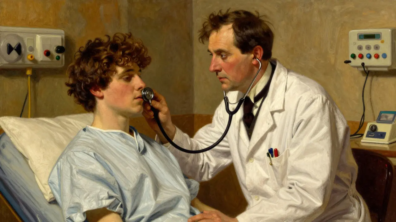 Doctor examining patient with stethoscope, vintage style.