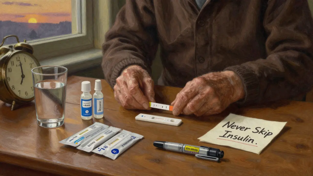 Elderly person preparing sick-day kit with insulin, ketone strips, and electrolytes at dawn, warm lighting, wooden table.