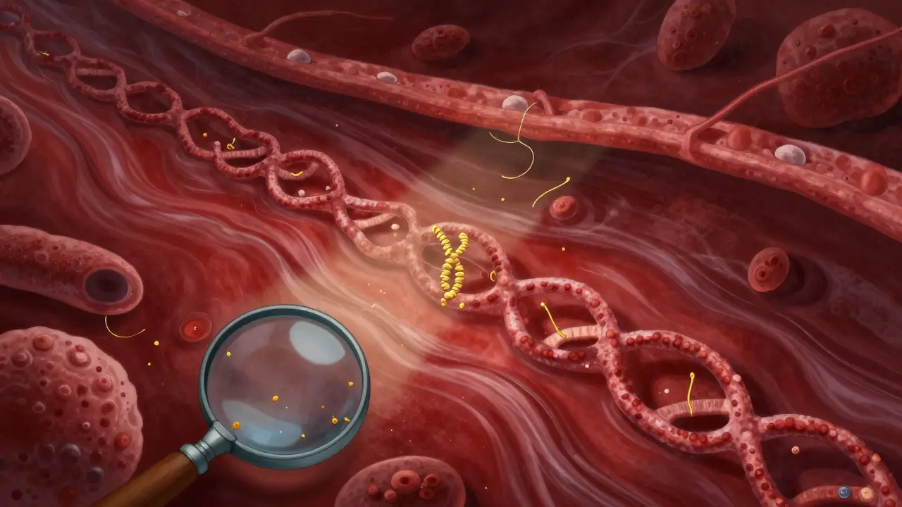 Glowing DNA fragments floating in dark red blood plasma