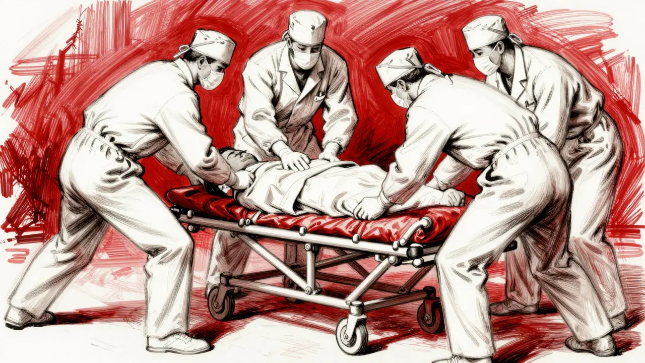 Medical team treating patient urgently, dynamic illustration.