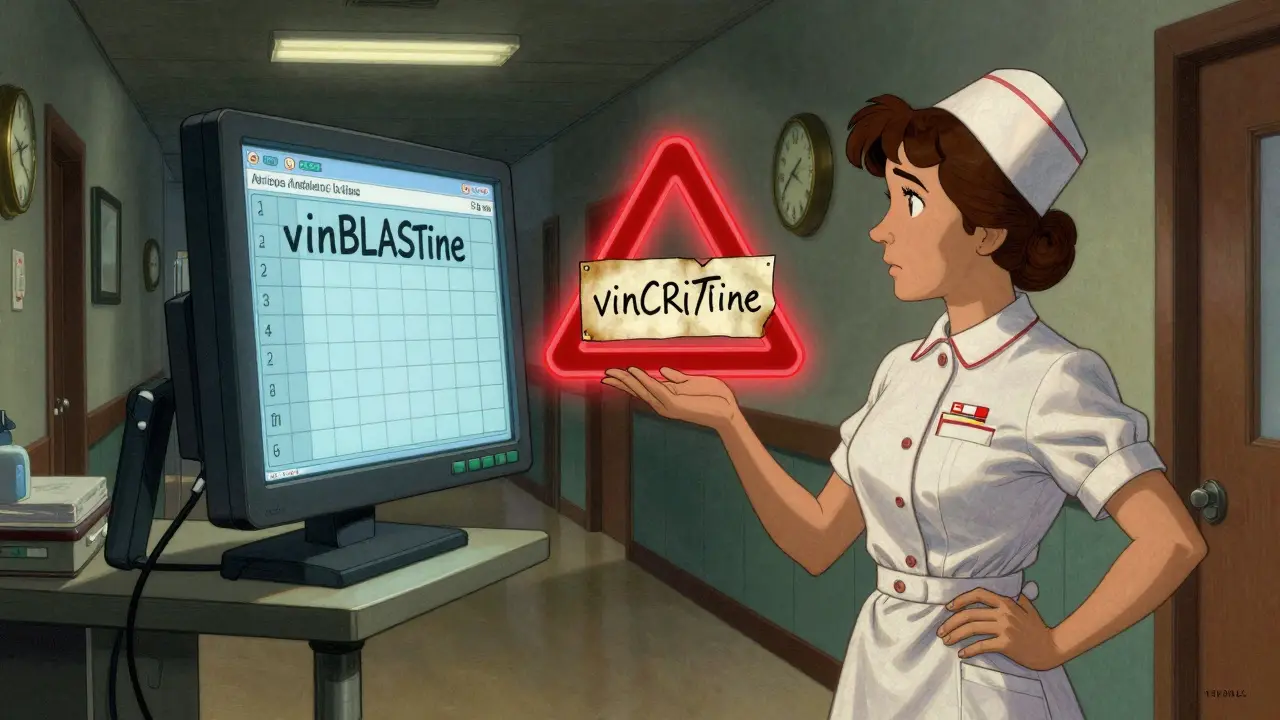 Nurse comparing a digital drug name with a faded handwritten label, a warning symbol glowing between them.