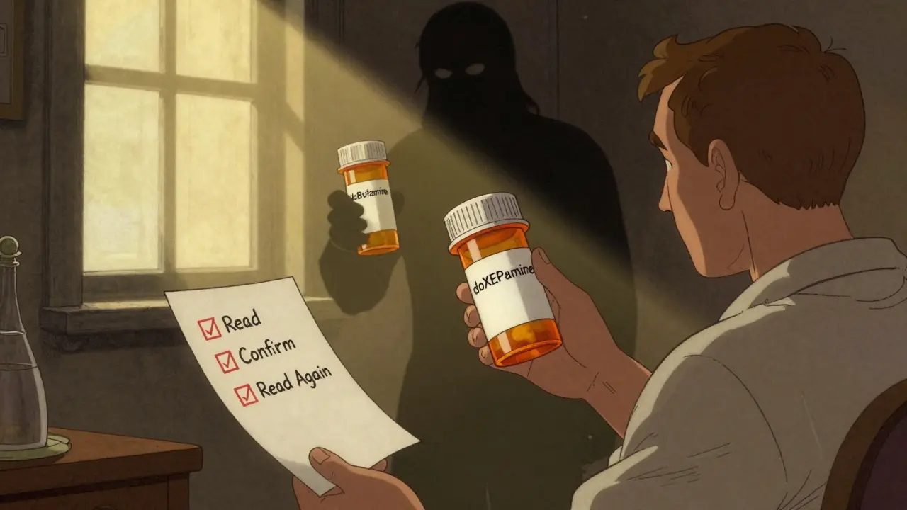Patient holding a prescription bottle while a shadowy figure offers a similar-looking drug, with a three-step safety checklist in foreground.