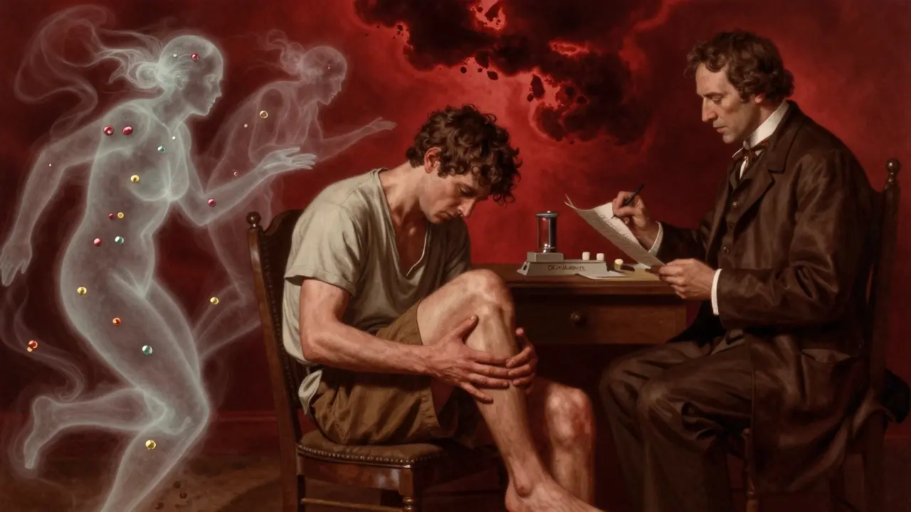 Patient in pain as toxic drug molecules swirl around them, with a doctor holding a lab chart.