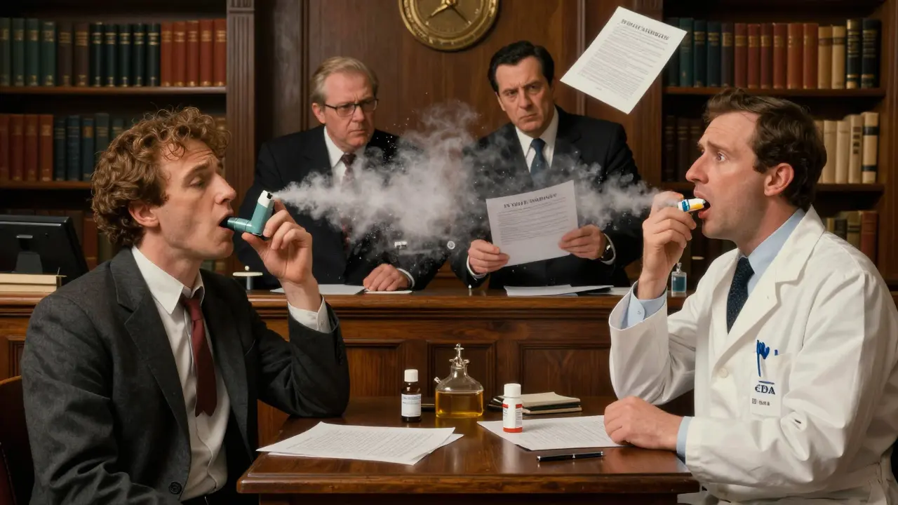 Patient inhaling asthma inhaler correctly on one side, generic mist failing on the other, while regulators argue over conflicting test reports in a wood-paneled room.