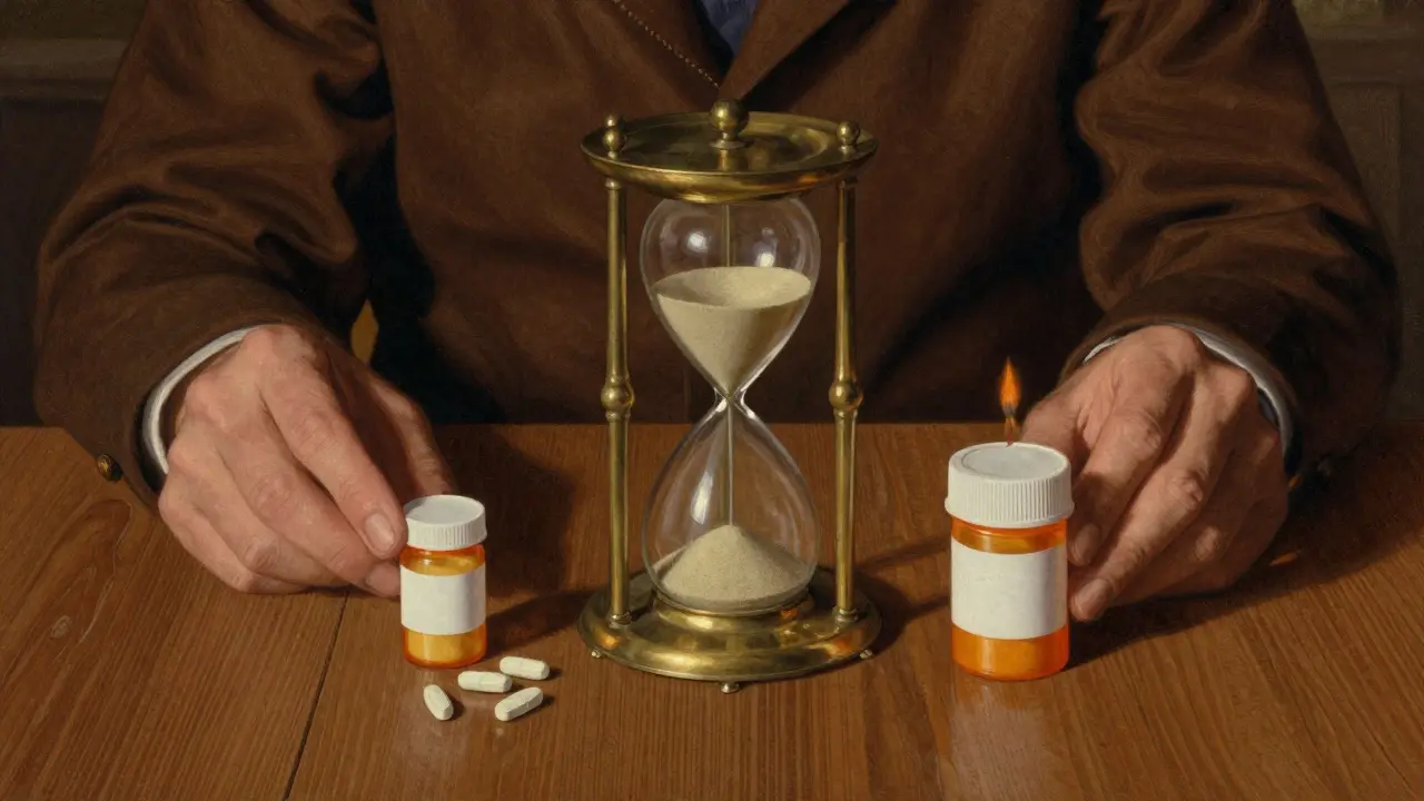 Patient organizing medicine bottles beside an hourglass symbolizing time management.