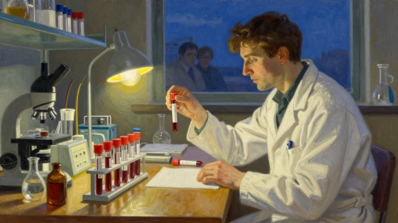 Researcher reviewing sample tubes under lab light, hopeful