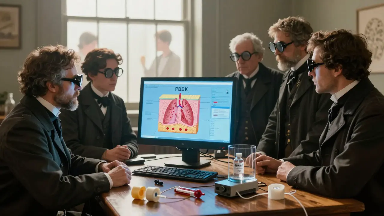 Scientists using a glowing PBPK computer model to visualize drug movement through skin and lungs, replacing blood tests, with traditional lab tools nearby.