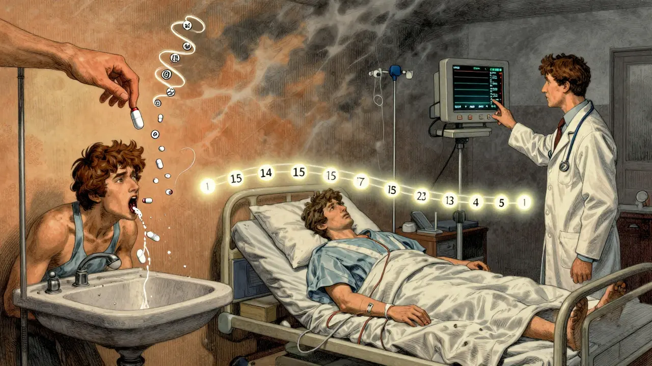 Split illustration: person vomiting and hospitalized, with SGLT2 pill falling and kidney monitor rising, stormy background.