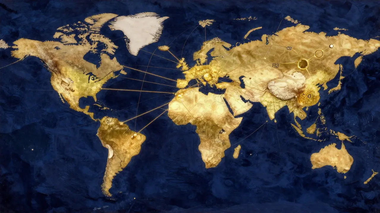 A conceptual map showing global pharmaceutical supply lines connecting China to the world.