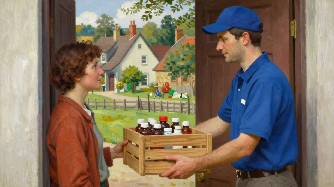 A courier delivering a package of medicine to a person at their home doorway.
