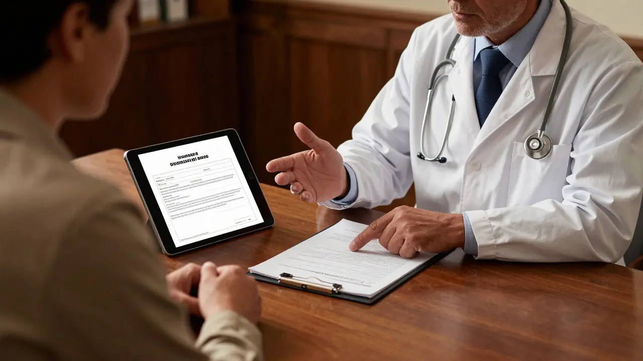 A doctor providing medical guidance and a legal prescription to a patient.