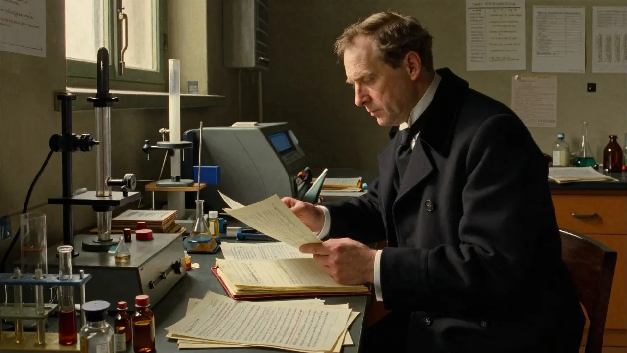 A regulatory inspector examining lab logs and vials in a dimly lit pharmaceutical laboratory.