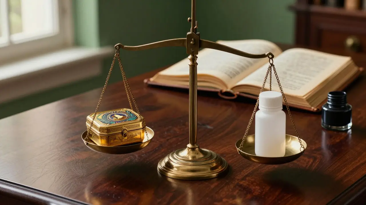 A scale balancing a brand-name medication box and a generic medicine bottle.