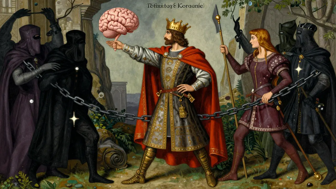 An allegorical scene showing opioid symbols blocking hormonal signals from the brain to the body.