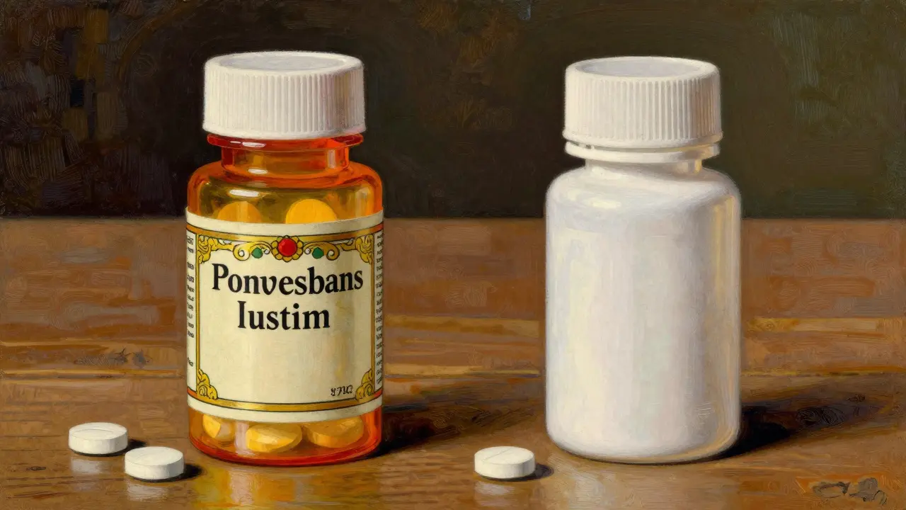 Comparison of brand-name and generic medication bottles on a wooden table.