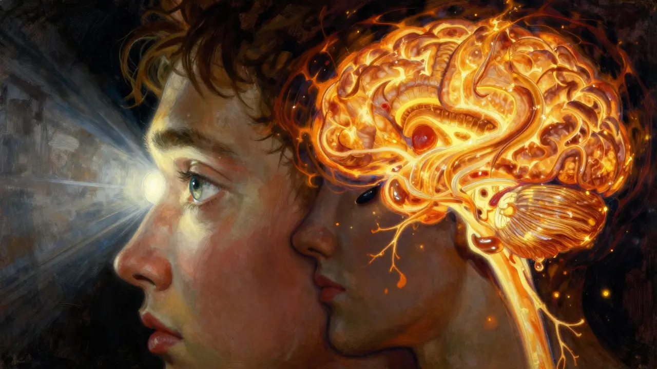 Conceptual art showing a glowing, hyper-active thalamus in the brain