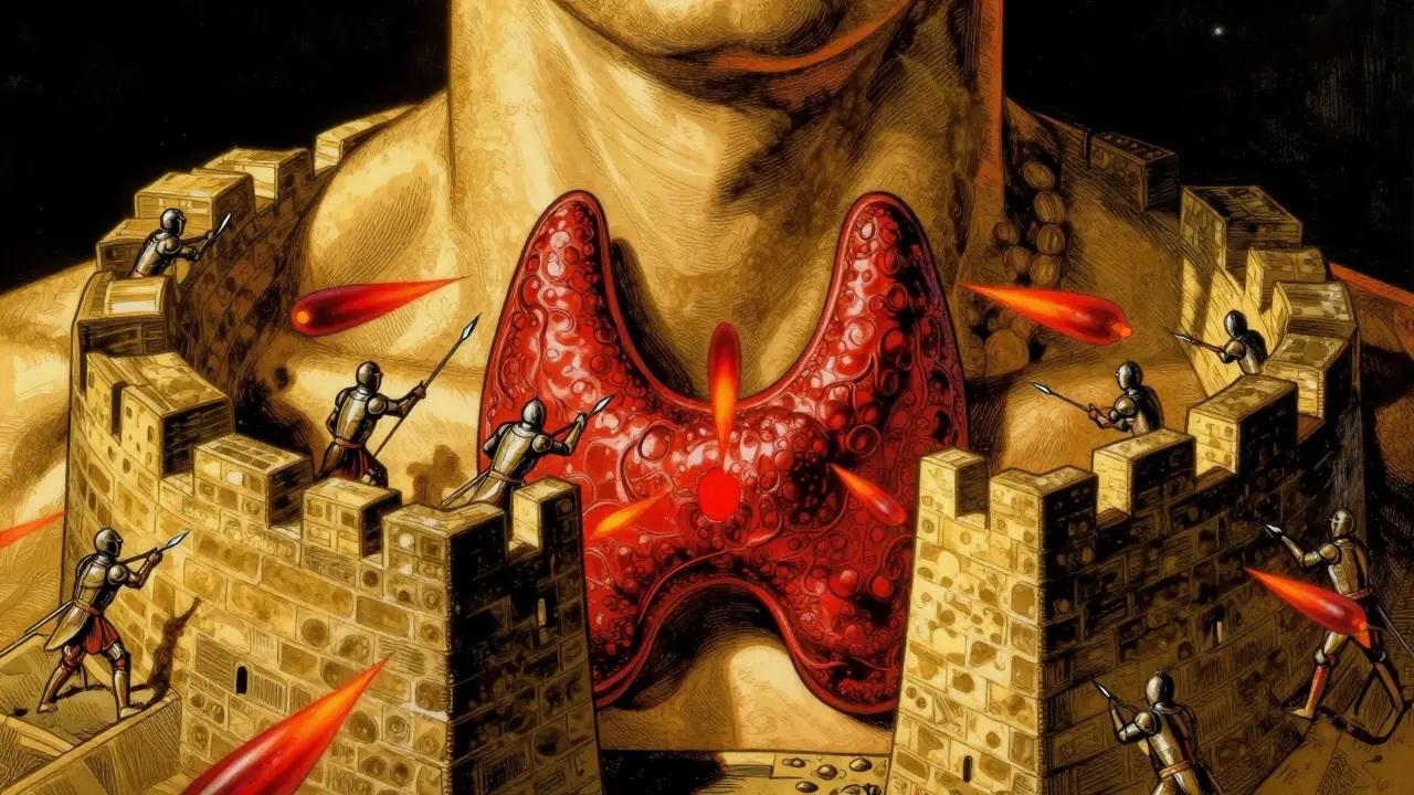 Conceptual art showing antibodies attacking a thyroid gland as a fortress under siege.