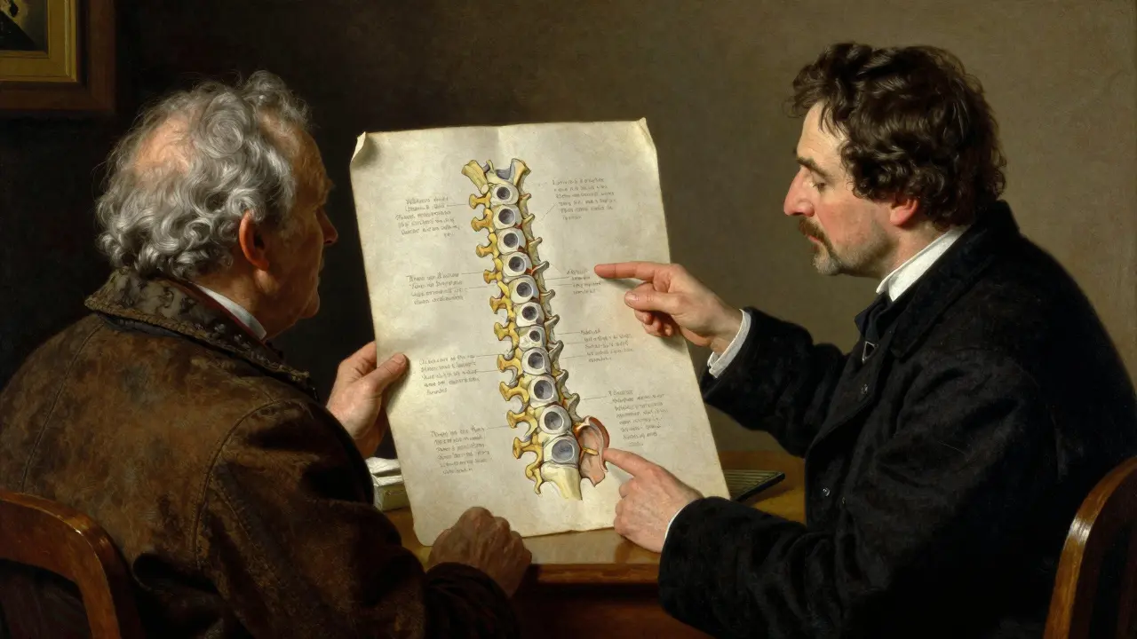 Doctor and patient comparing porous osteoporotic bone and healthy dense bone.