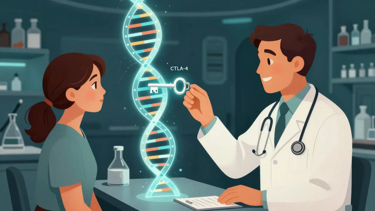 Doctor and patient examining a glowing DNA strand symbolizing personalized thyroid treatment.