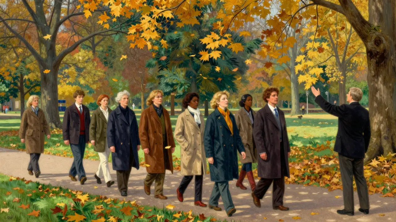 Group of patients walking in park with instructor doing breathing exercises.