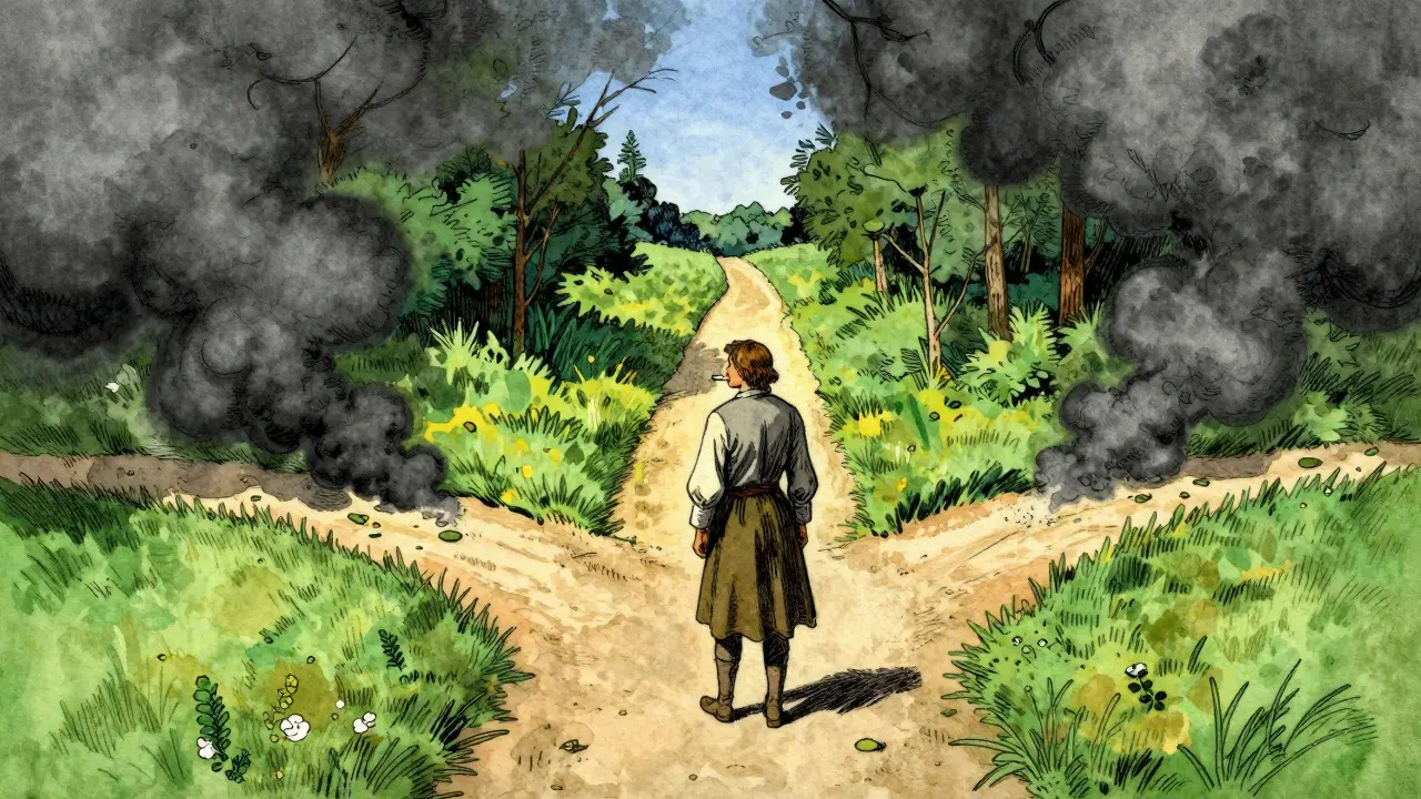 Person standing at crossroads choosing clean air over dark smoke clouds.