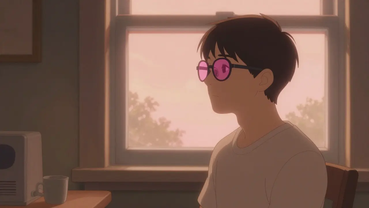 Person wearing rose-tinted glasses looking at a soft, filtered outdoor scene